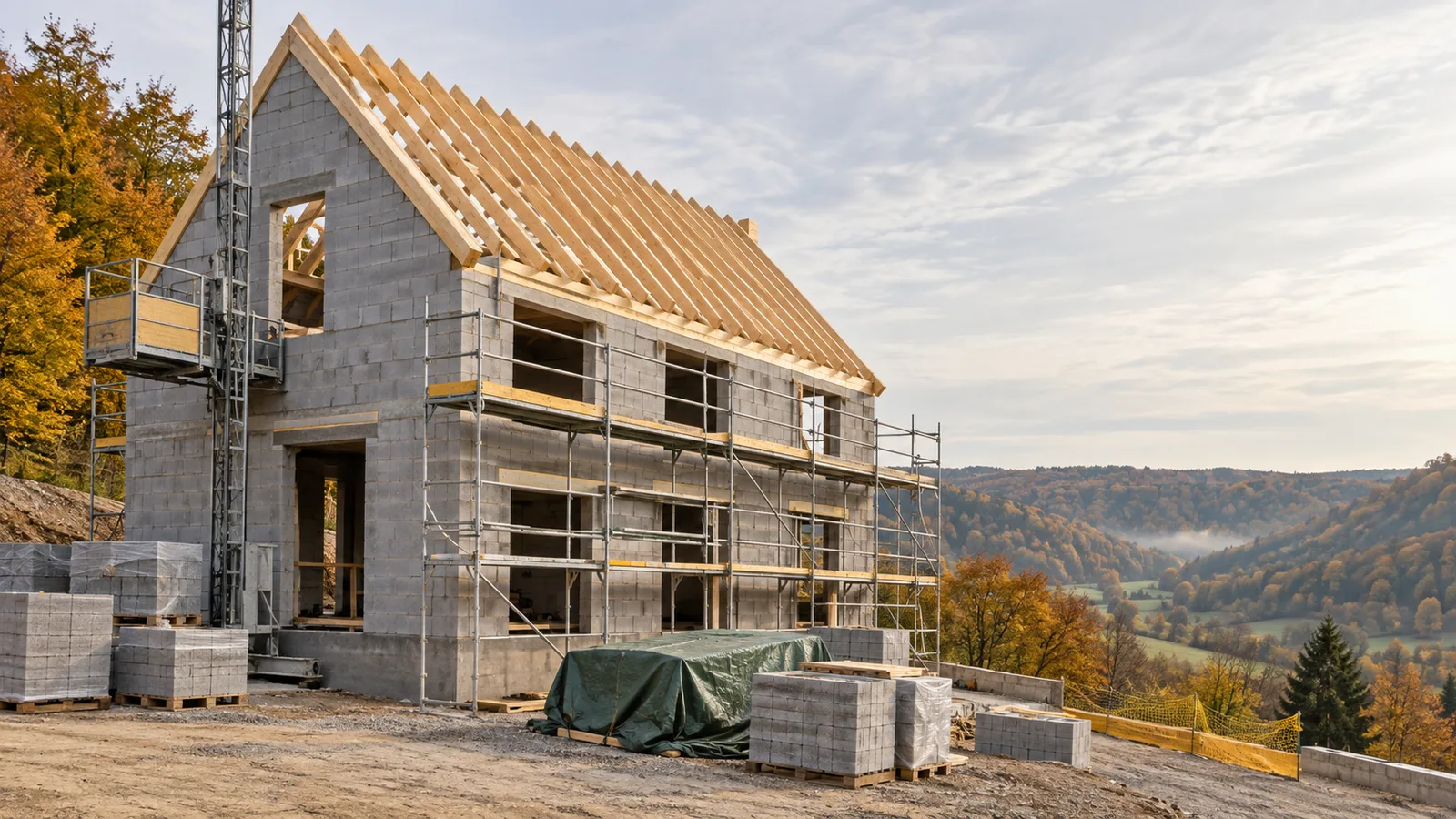 Maison en gros œuvre coiffée de sa charpente neuve
