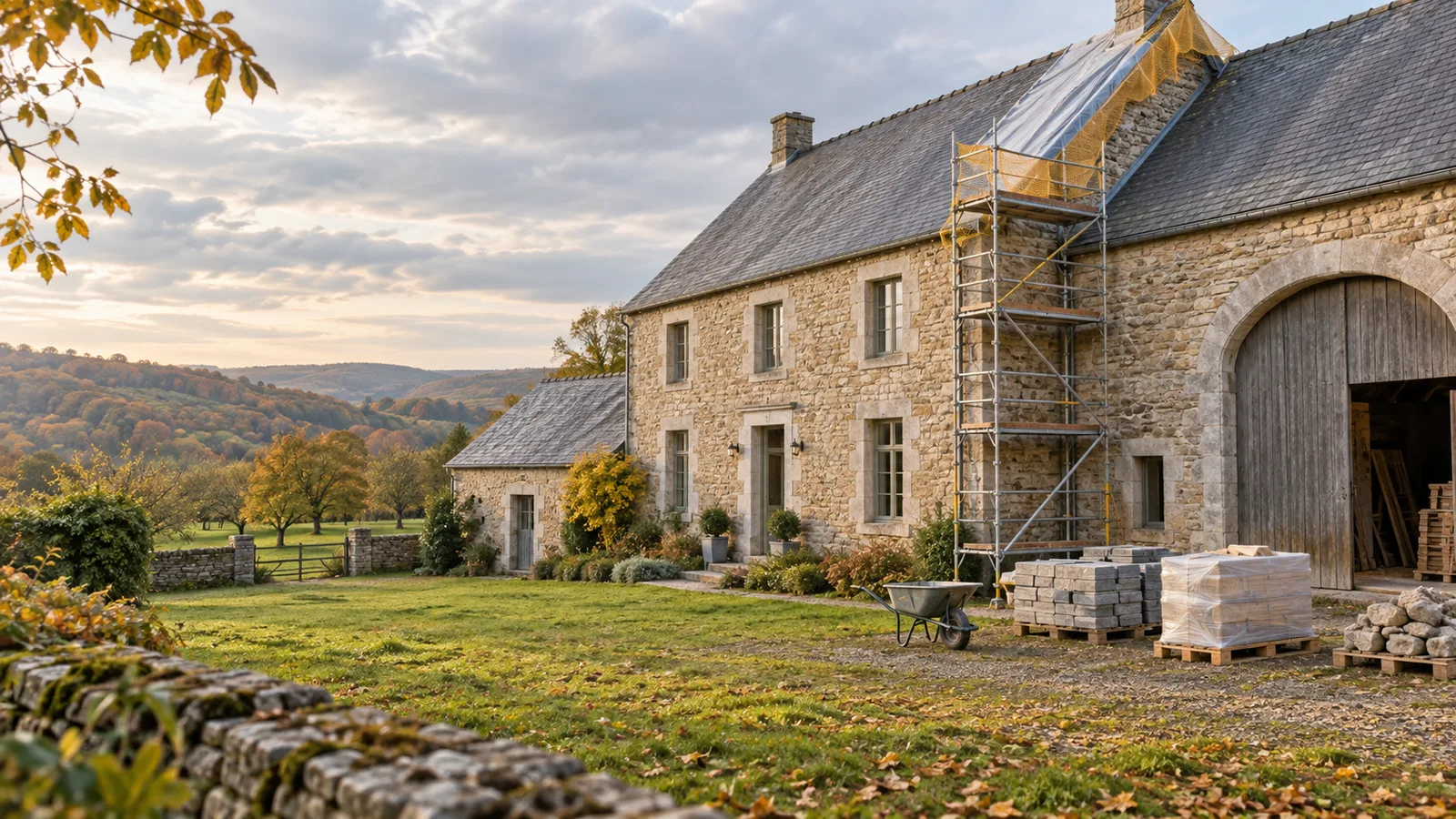Ferme en moellons blonds en début de chantier de rénovation