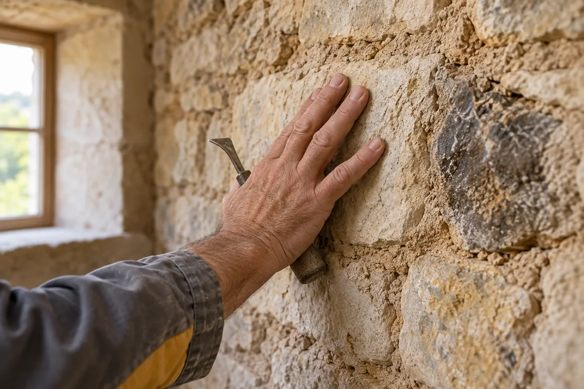 Main palpant la pierre calcaire d'un mur ancien