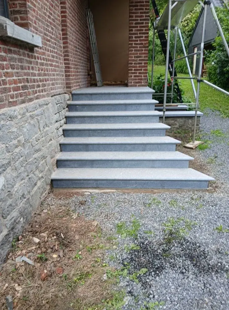 Escalier extérieur en pierre bleue devant une façade en briques