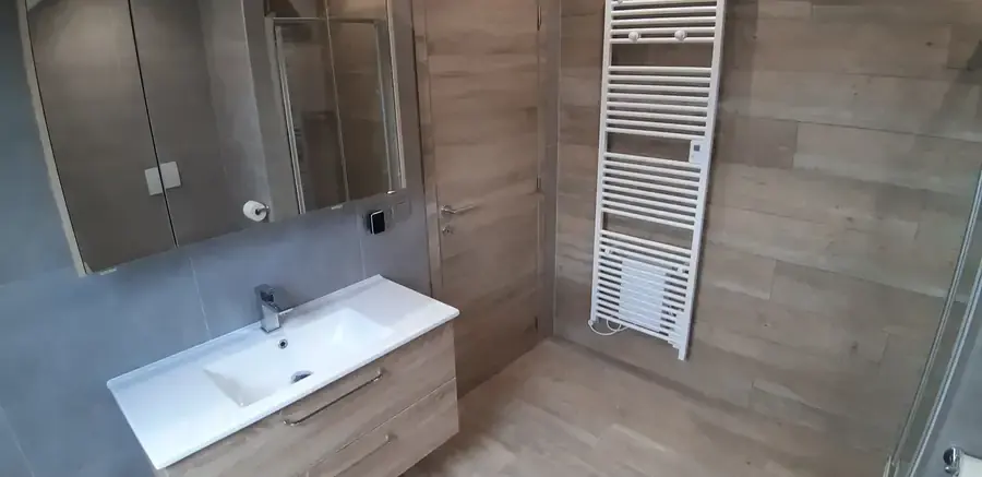 Salle de bain avec vasque, armoire à miroirs et radiateur