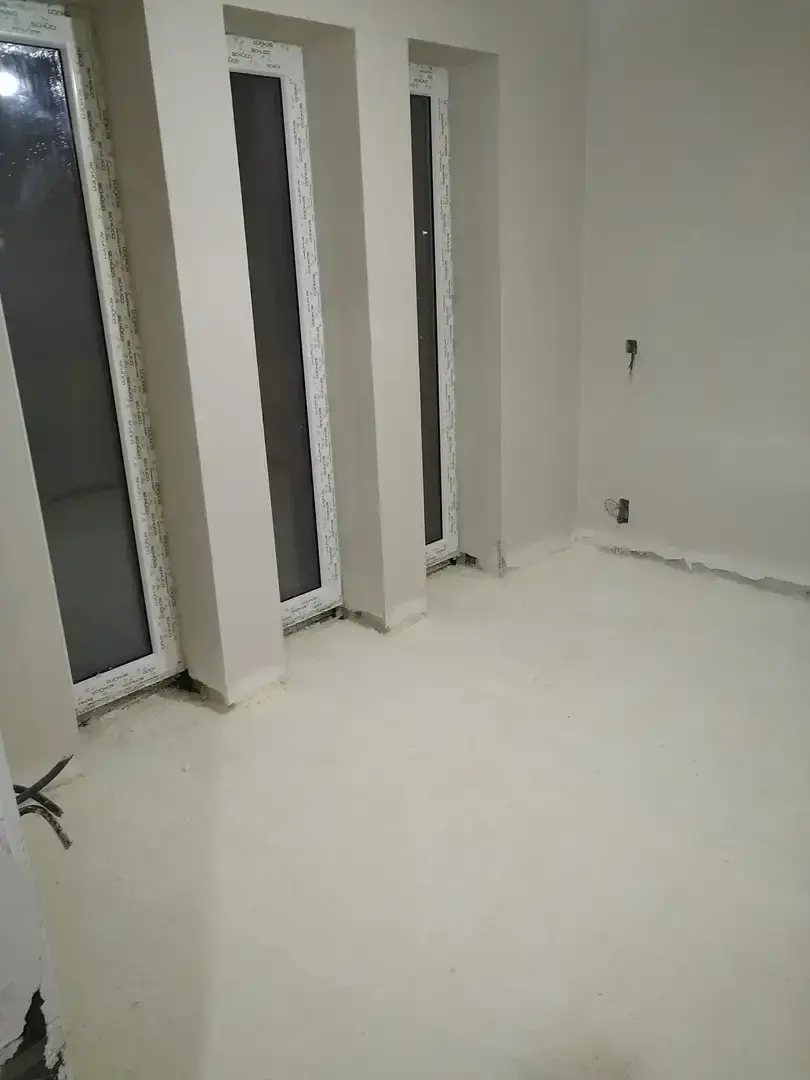 Pièce avec portes-fenêtres et murs enduits
