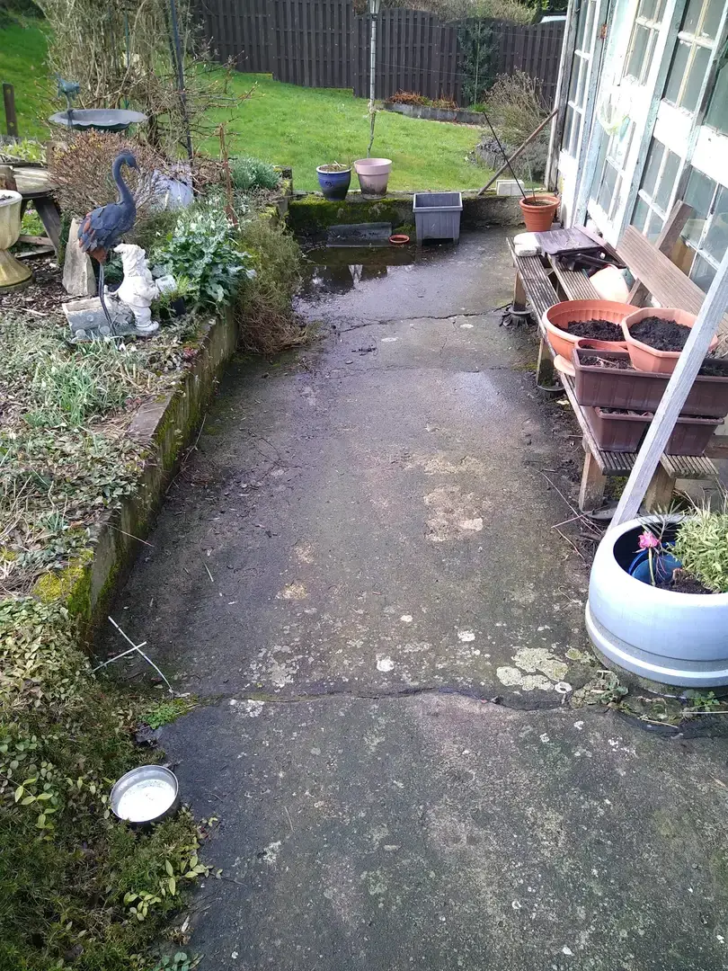 Ancienne allée étroite entre véranda et jardin avant les travaux