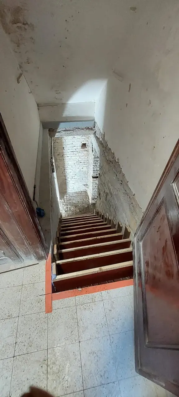 Escalier de cave vu d'en haut avec marches en bois