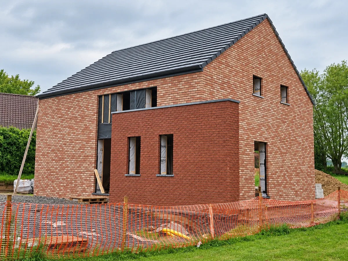 Maison en briques rouges et brunes en fin de gros œuvre, clôture de chantier orange devant
